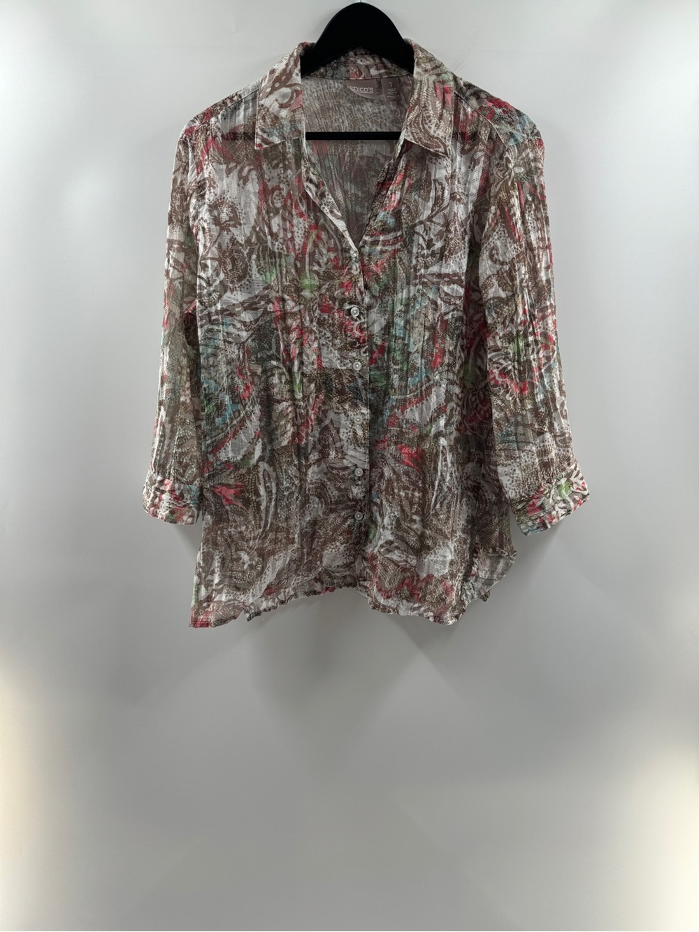 Chico’s Abstract Paisley Print Lightweight Button Up Blouse Size 1